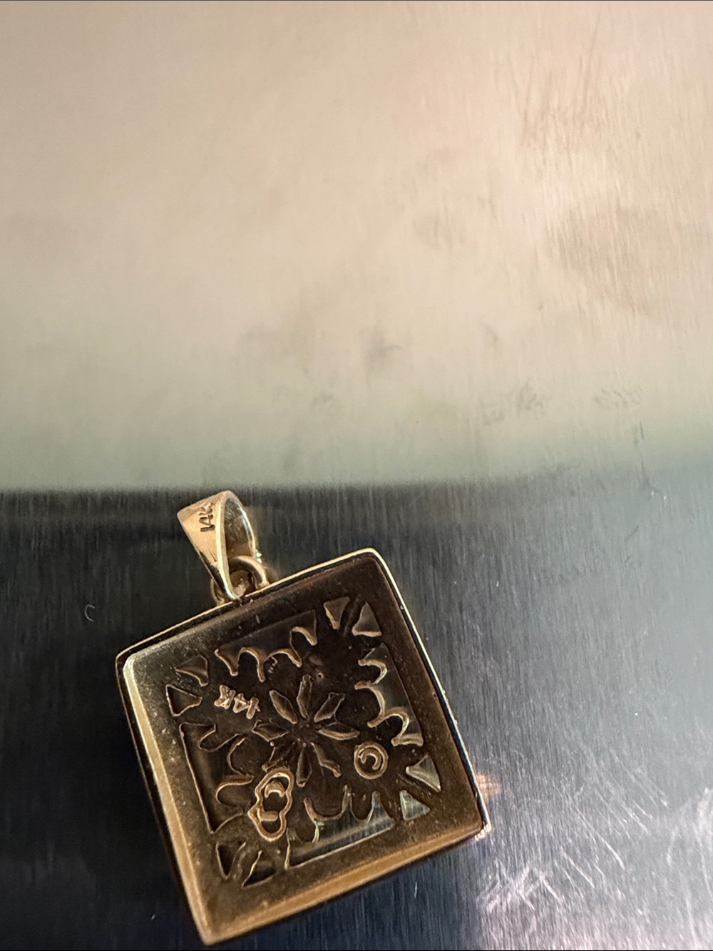 14K Gold Square Floral Pendant with Black Enamel Border - Picture 3 of 4